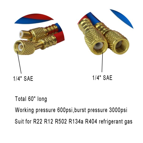 CHUNCHI R22 R134a Red Blue 1/4" 1/4" SAE AC Charging Hoses 60" Long,Pack of 2 - Image 3