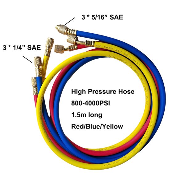 Manifold Gauge Set for R410A R22 R404A R134a Refrigerant charging,60" Red/Yellow/Blue (3pcs) with 2 Adapter - Image 6