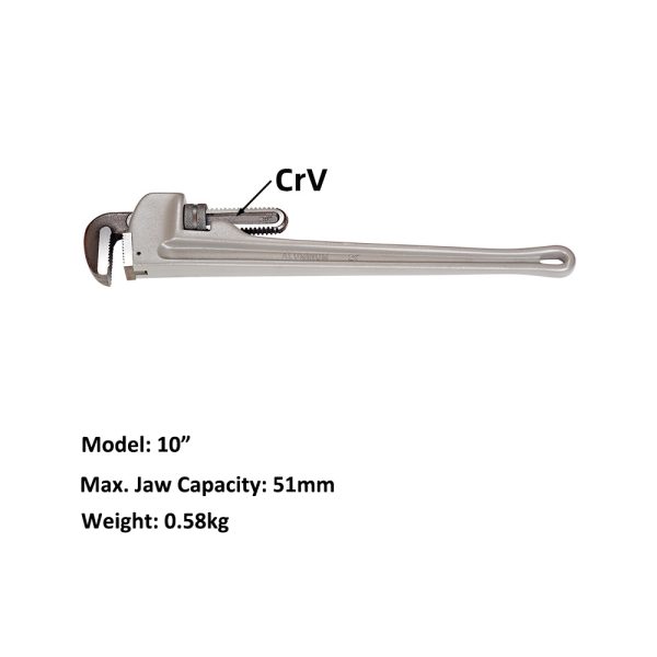 10-inch Heavy Duty Aluminum Straight Pipe Wrench, Adjustable Plumbing Wrench - Image 2